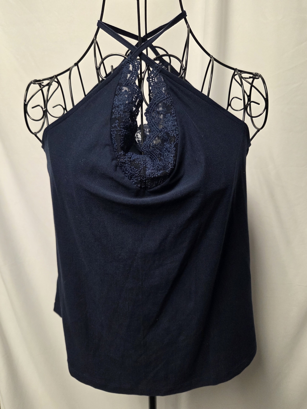 Suzy Shier Navy Lace-Front Cowl Halter Camisole